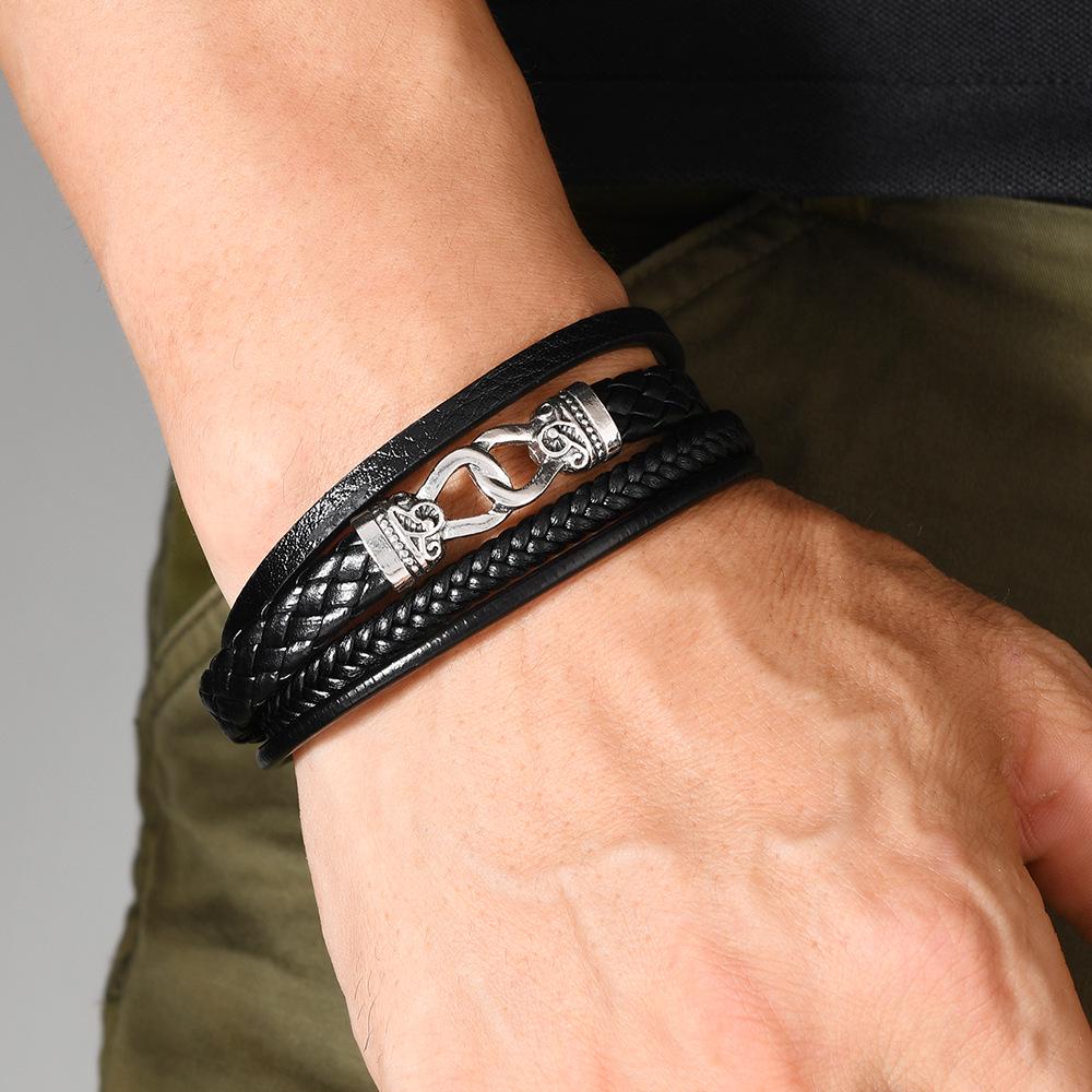 Retro Style Men's Leather Bracelet with Zinc Alloy Ring Buckle, Hand-Woven and Multi-Layered
