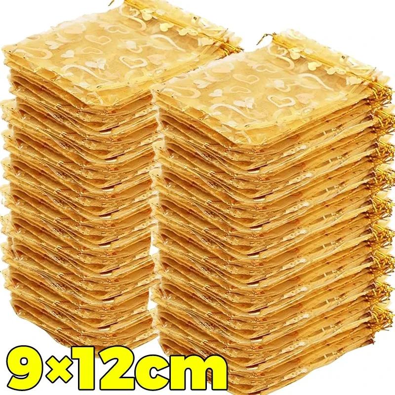 200/10PCS Gold Organza Drawstring Gift Bags Mini Earring Jewelry Pouches Wedding Christmas Party Favor Wrapping Packing Supplies