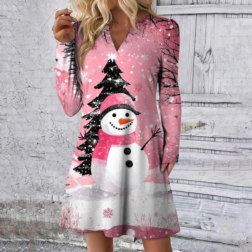 Dame Julemønstret Kjole Løs V-hals Casual Langermet Kjole