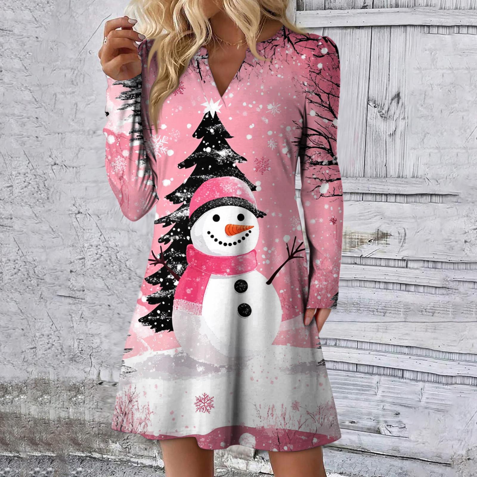 

Женское рождественское платье с принтом, свободное, с V-образным вырезом, повседневное платье с длинными рукавами XL