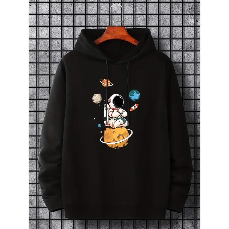 Cartoon meditation astronaut planet rocket print men's autumn/winter hooded sweatshirt loose casual pullover sweatshirt