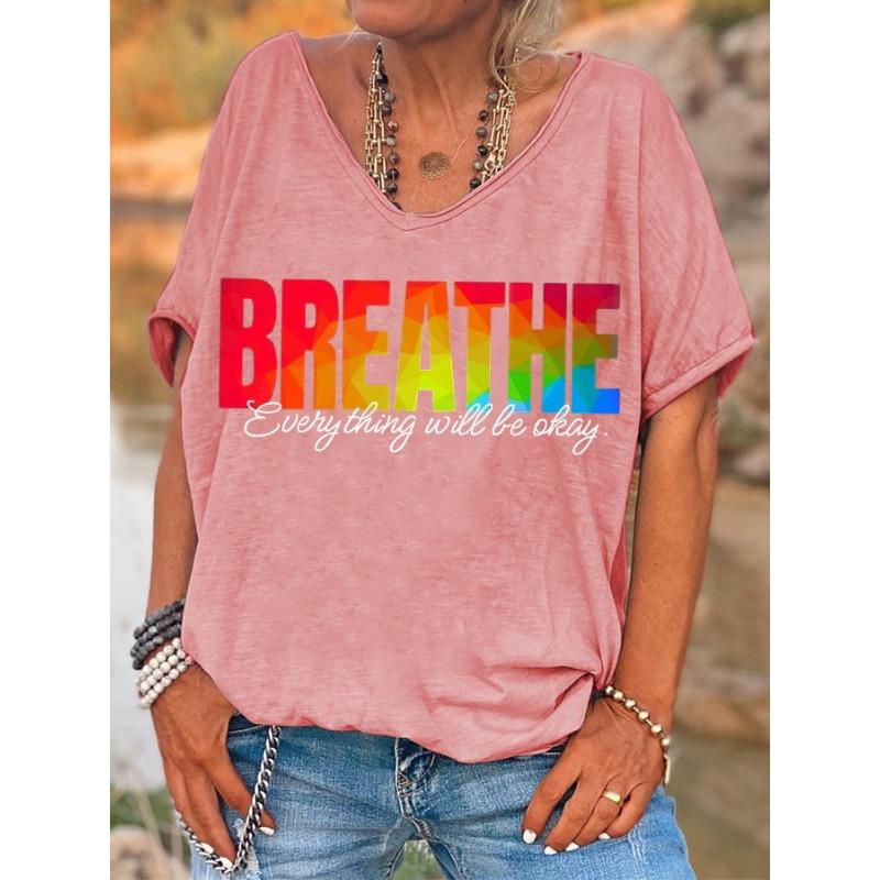Ilstile Damen Atmungsaktive T-Shirts mit Buchstabenaufdruck Sommer Kurzarm Lässige Lockere V-Ausschnitt Tops T-Shirts Schwarz Blau NEU