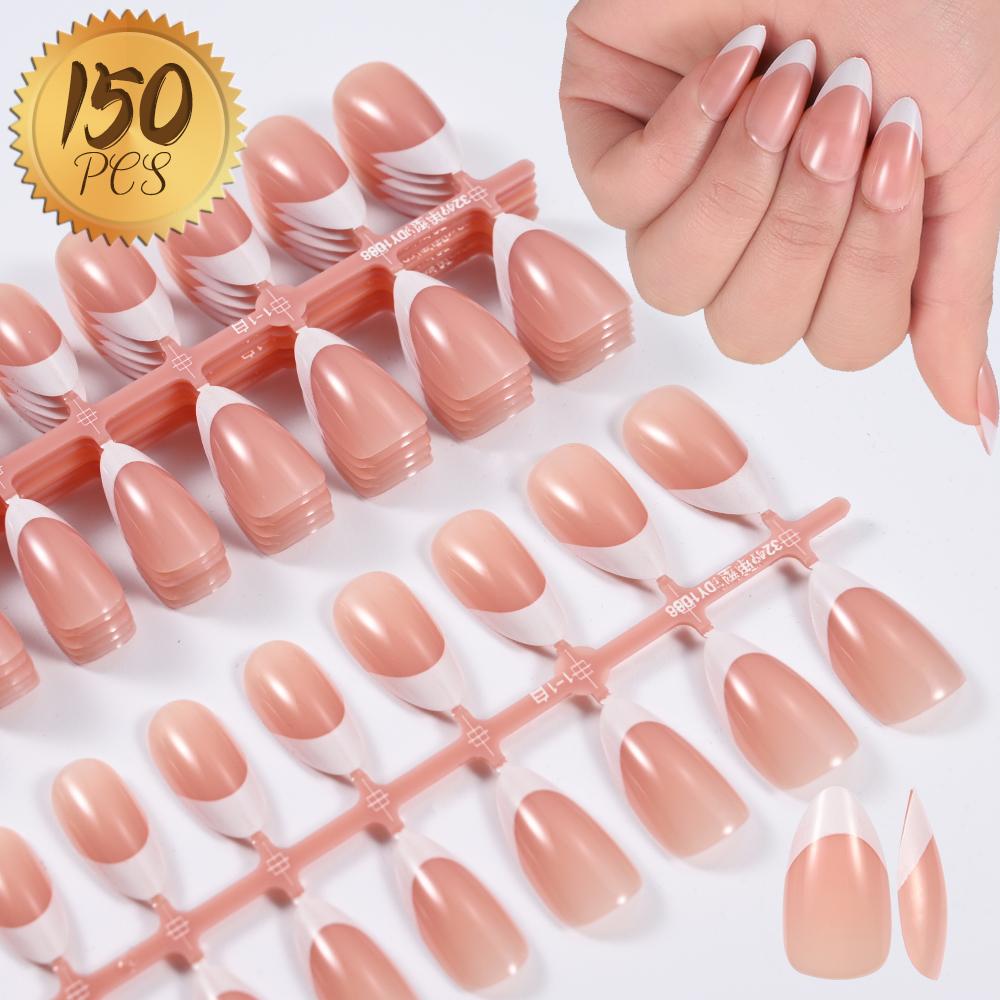120/150pcs Nude French Almond Tips Press on Nails Pre-applied Tip Primer Soft Gel Tips 15 Sizes Short Extension Tip 17-24mm