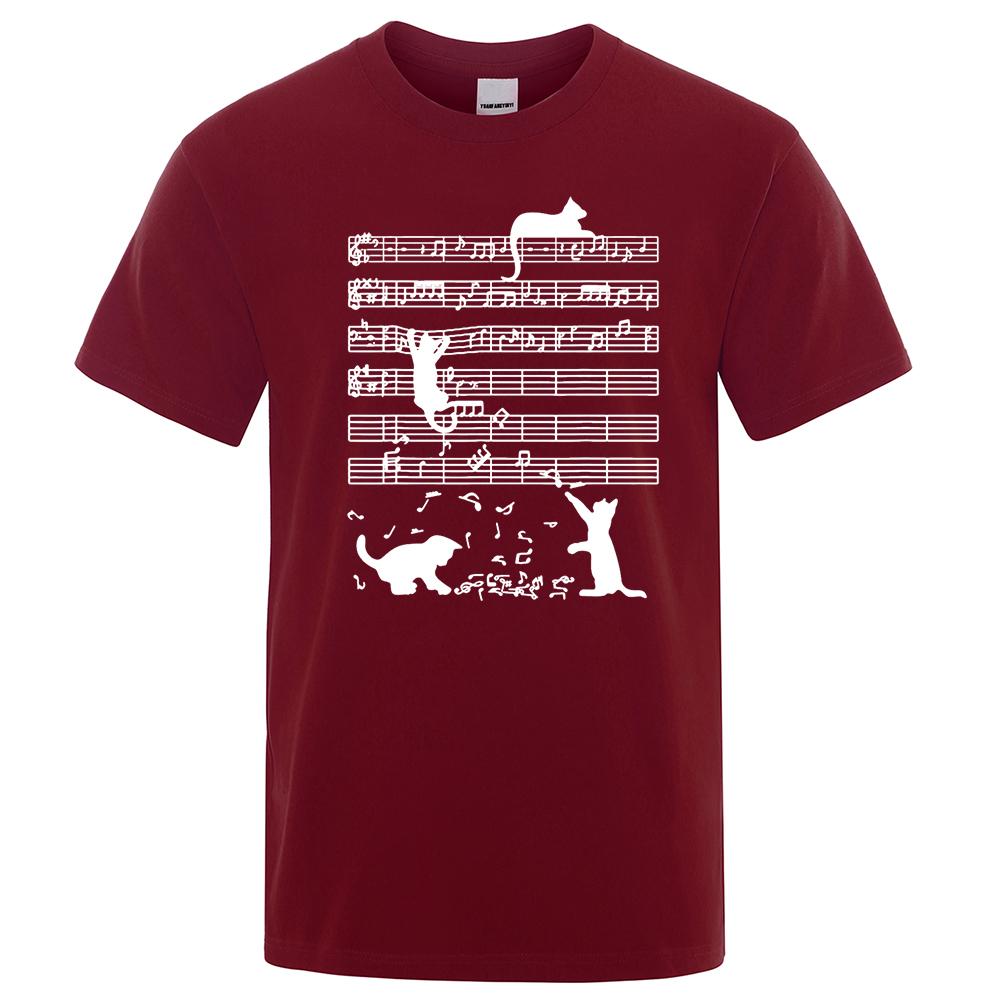 Cotton T Shirt Printed Cat Playing Staves Funny T-shirts for Men Summer Short Sleeve Top Tee Shirts Casual Basic Mens T-shirt