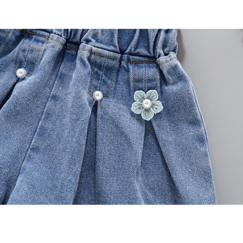 Summer Girls Denim Shorts Children's Pleated Jeans 4-12Years Teens Girls Short Jeans Pearl Decoration