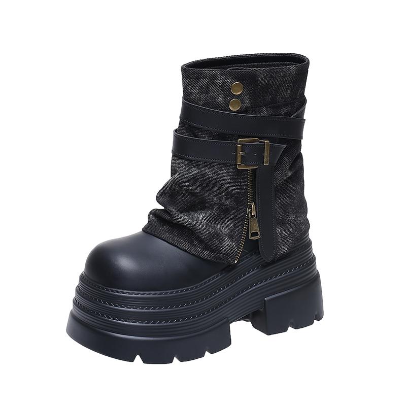 Fashion 10CM Autumn Chunky Short Boots Women High Heels Fashion 2025 Winter Mid Calf Leather Sneakers Trend Belt Buckle Motorcycle Boots