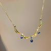 Anenjery Lace Blue Water Droplet Tassel Necklace For Women Retro Sweet High-end Personalized Versatile Collarbone Chain Jewelry Gift