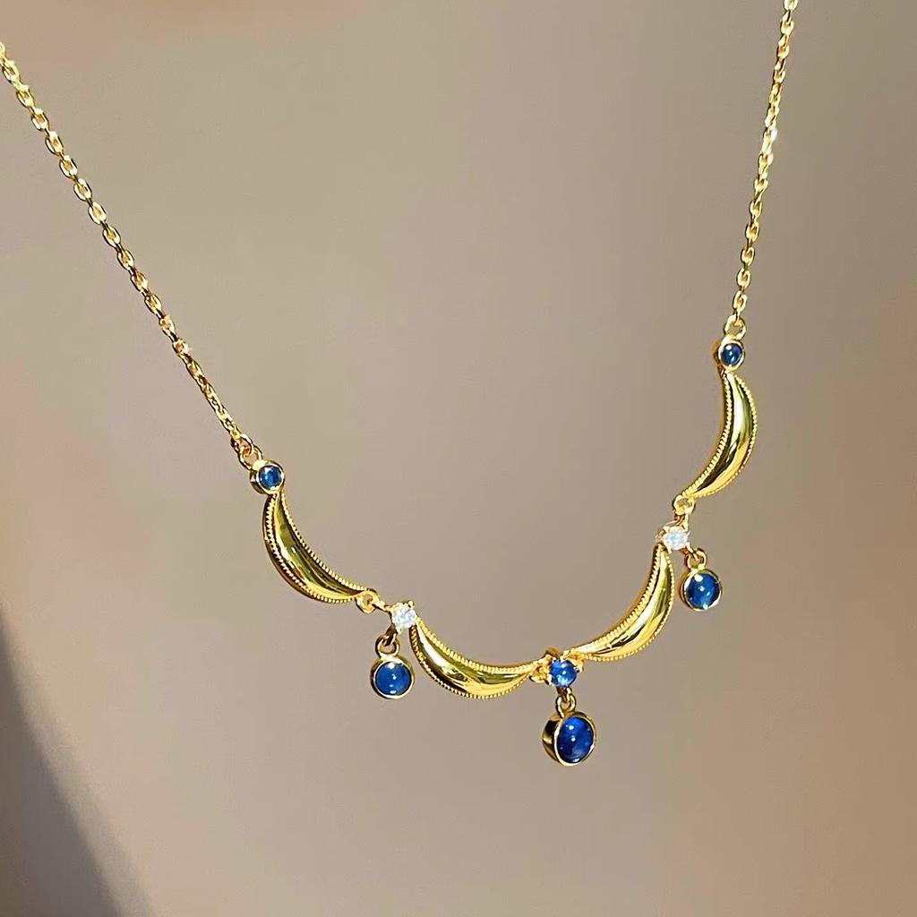 Anenjery Lace Blue Water Droplet Tassel Necklace For Women Retro Sweet High-end Personalized Versatile Collarbone Chain Jewelry Gift