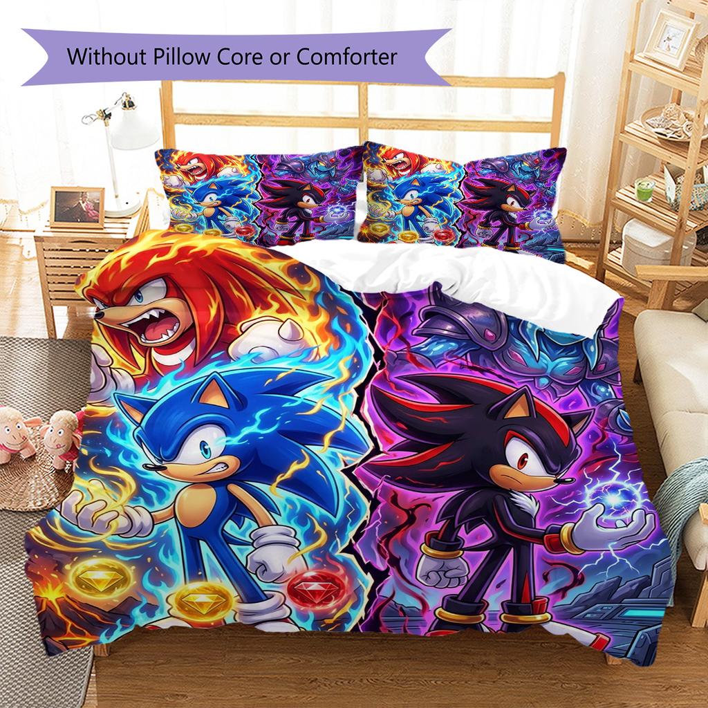 Hedgehog Sonic Pattern Bedding Quilt Set Quilt Cover Pillowcase Home Decoration Birthday Gift (1 * Duvet Cover + 2 * Pillowcase, Without Core)