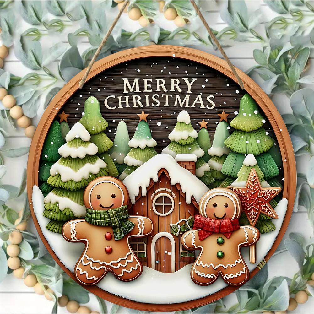 Gingerbread Man Cabin Theme Round Wooden Hanging Plaque Natural Solid Wood Texture Winter Festive Wall Sign Home Xmas Party Holiday Decor