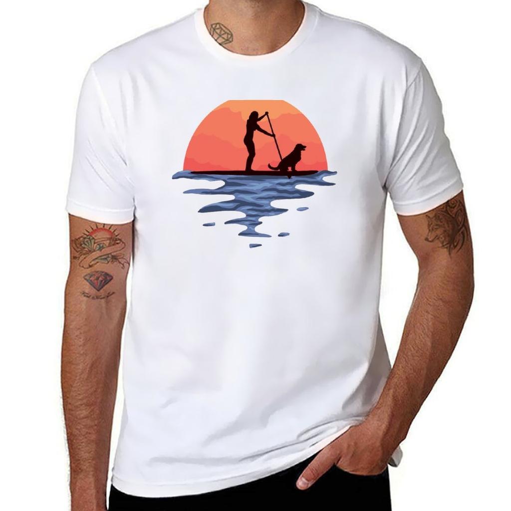 Sunset Stand Up Paddle Dog And Girl T-Shirt Lightweight Running Sports T-Shirt