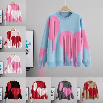 Weicher Wachsartiger Pullover Damen Herbst und Winter Weicher Rundhalsausschnitt Fransen Liebe Lockerer Lässiger Stil Mode Strickpullover Top Tide