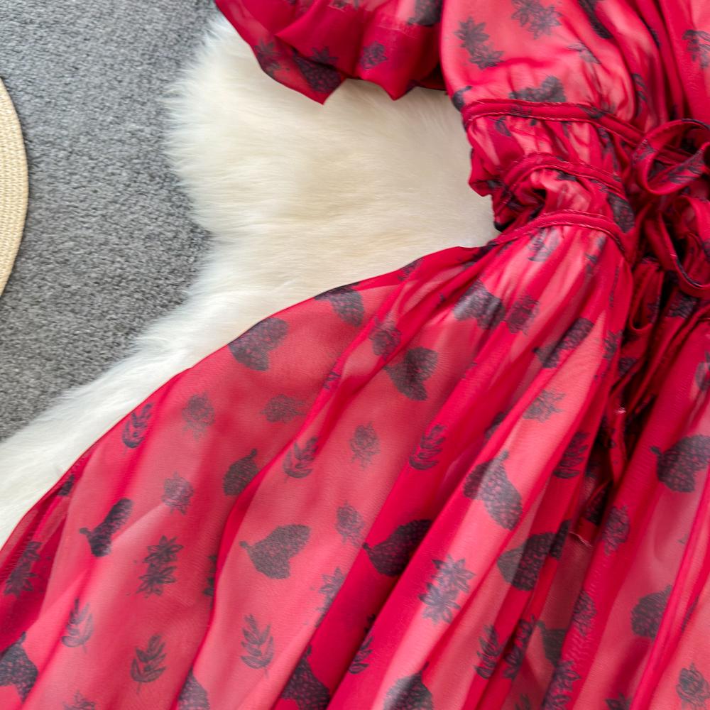 Fashion Dress for Women V Neck A-line Flounced Edge Printing Chiffon Vestidos Lace-up Folds Lining Dresses Summer