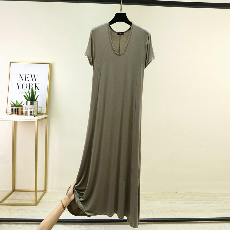 Loose V-Neck Short-Sleeve Modal Nightdress for Plus-Size Women - Spring/Summer Long Slit Skirt Style