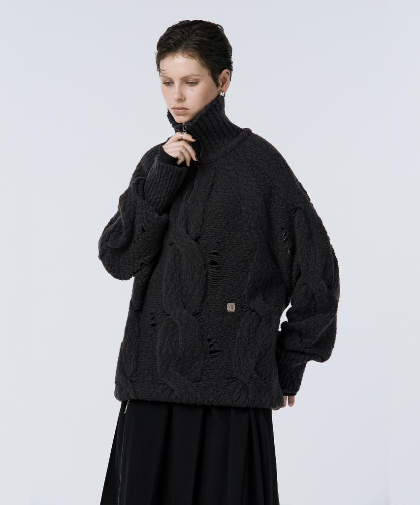 Teulimingbeodeu Cable Knit Anorak Pullover [ Charcoal ]
