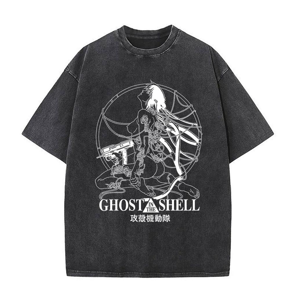 Anime Ghost In The Shell Motoko Kusanagi Vintage Washed T Shirts Men Women Clothing Casual Short Sleeve Oversized Tshirts Tops