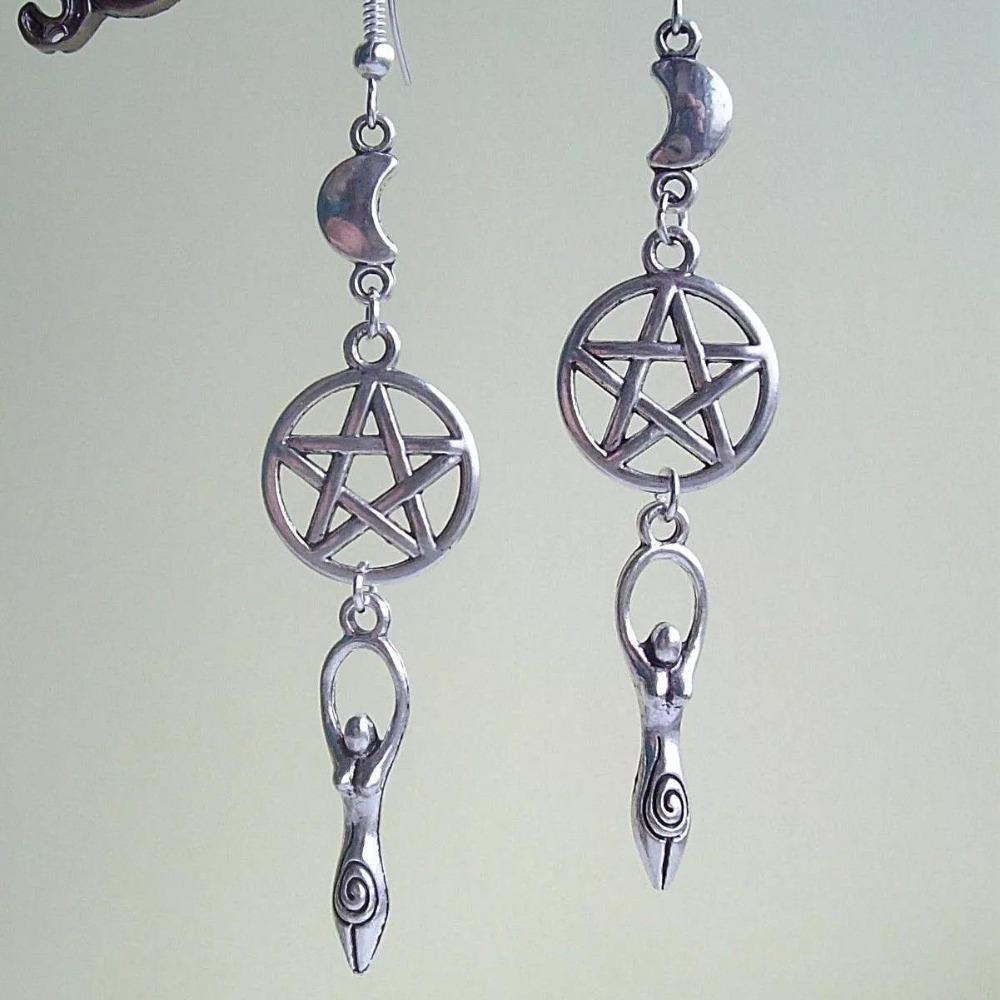 Gothic Retro Mother Earth Goddess Five-pointed Star Moon Long Pendant Dangle Earrings for Women Halloween Pagan Witch Jewelry
