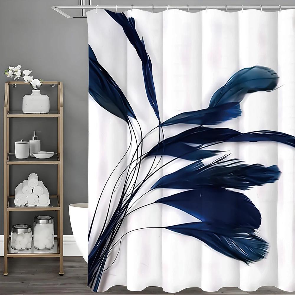 Blue Feather Shower Curtain, Bathroom Decorative Shower Curtain, Waterproof Shower Curtain with Hooks