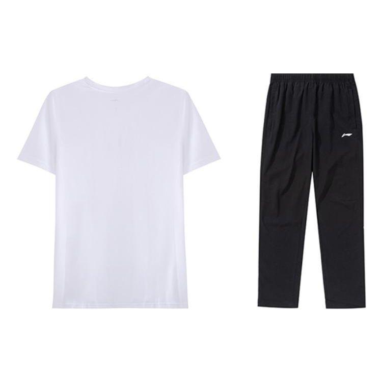 Li Ning Logo Round Neck Pullover Short Sleeve T-Shirt And Plain Straight Leg Long Pants Casual Sports Suit Men suit ATST641-2+AYKT413-1