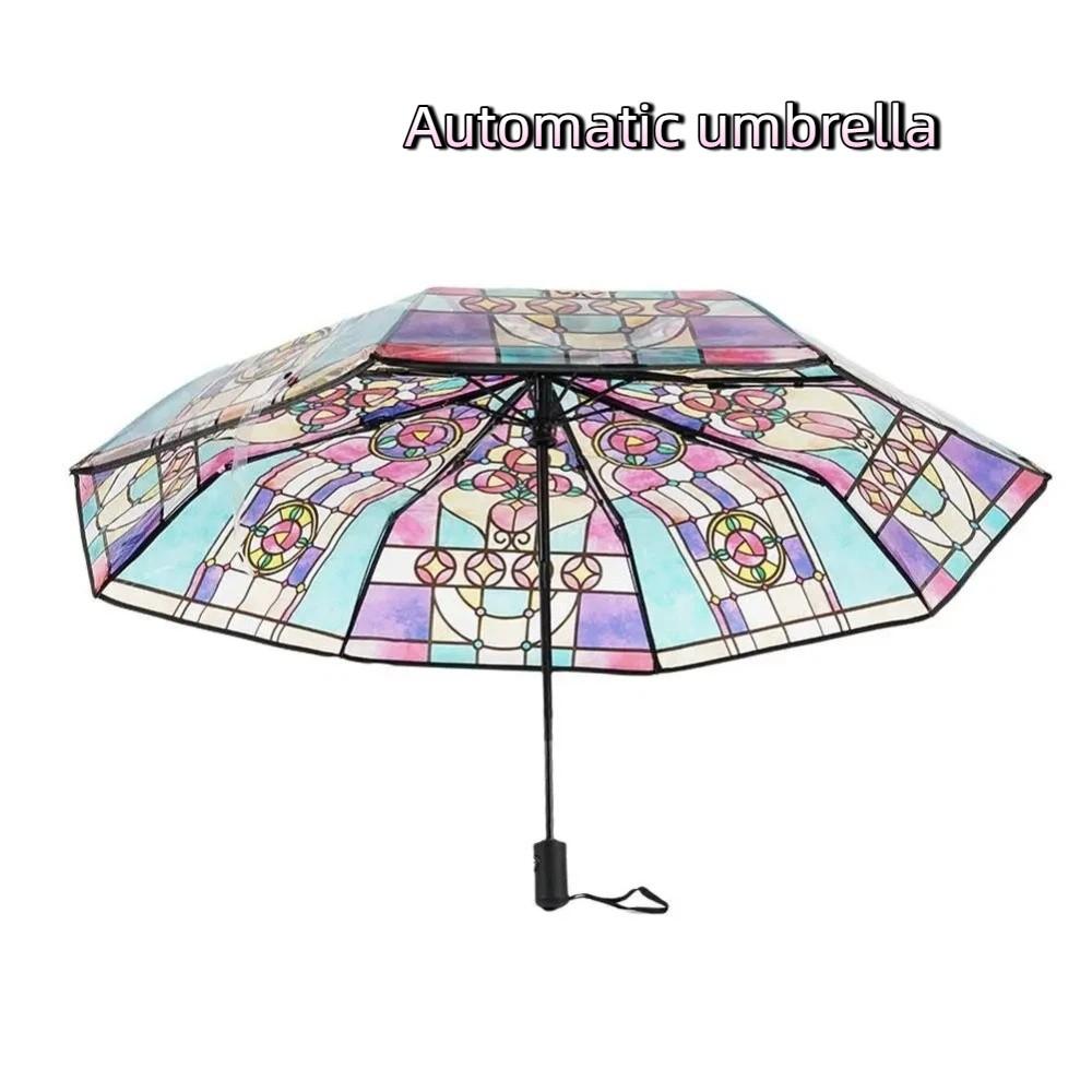 Hand-Painted Design Transparent Umbrella Stained Glass Print Automatic Umbrella Rain Protection