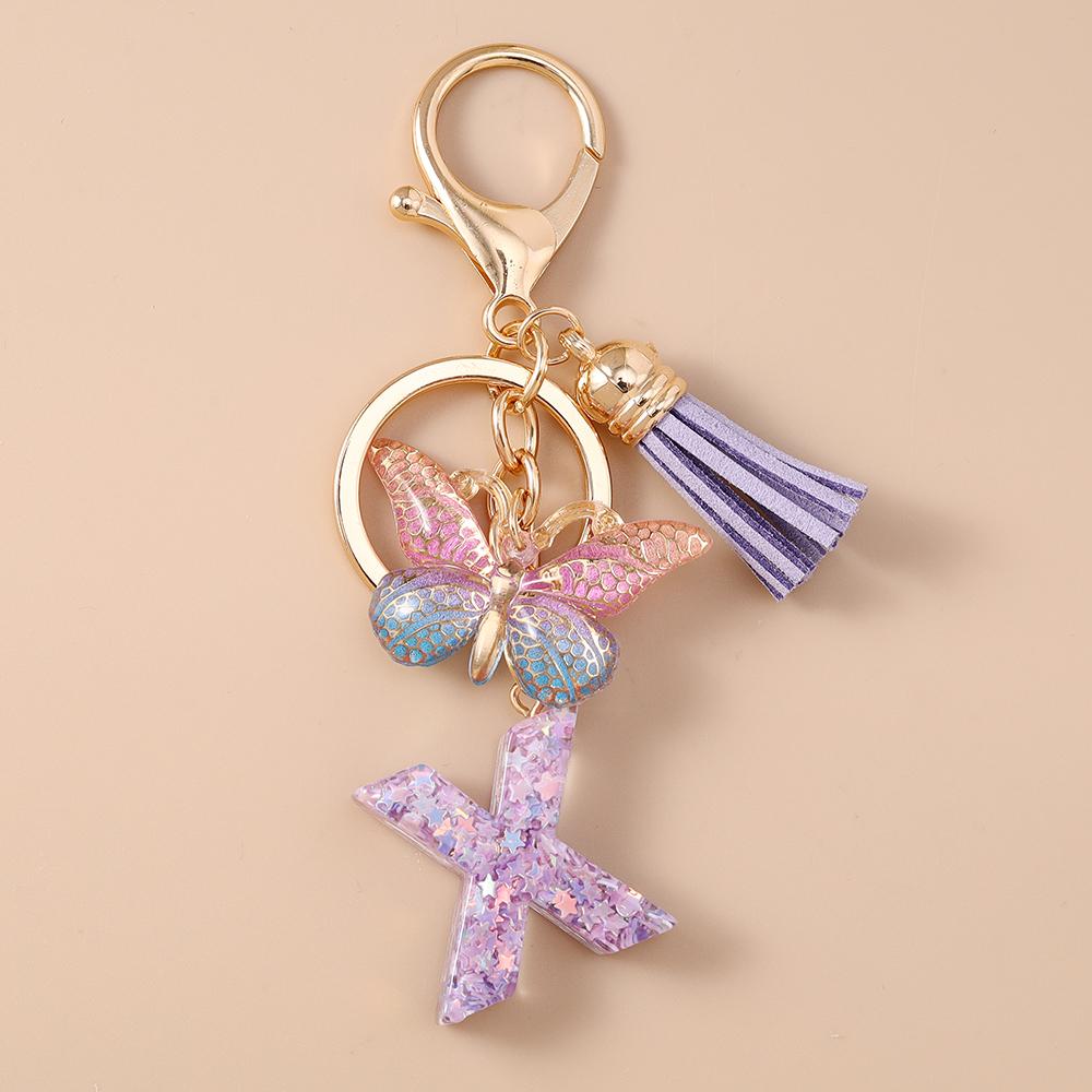 Fashion Purple Tassel Alphabet Keychain 26 Initials Letter Key Ring for Women Girls Handbag Pendants DIY Handmade Jewelry Gifts