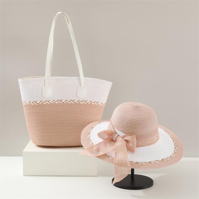 Set Cappello di Paglia e Borsa Tote Con Protezione Solare per Spiaggia e Attività all'Aperto