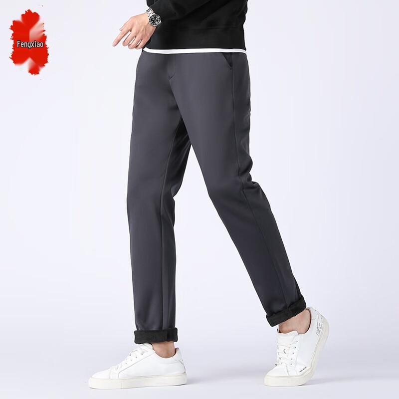 Fengxiao Men's Fleece-Lined Elastic Waist Straight Leg Business Casual Pants