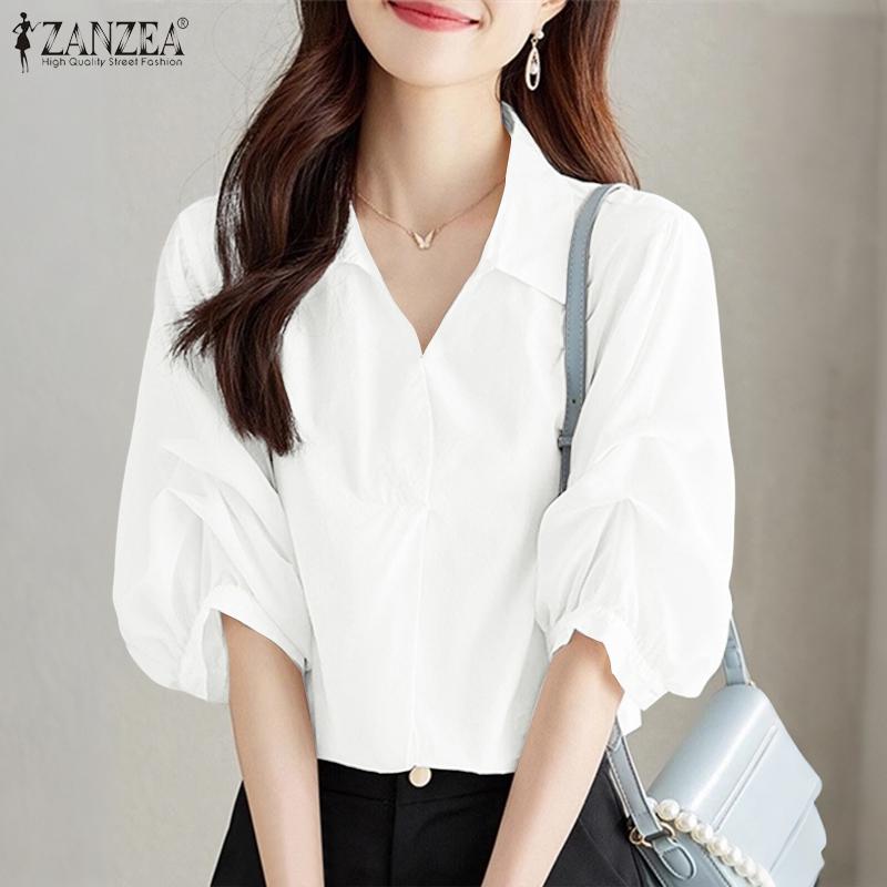 ZANZEA Women Turn Down Collar Loose Casual Half Sleeve Plain Blouse