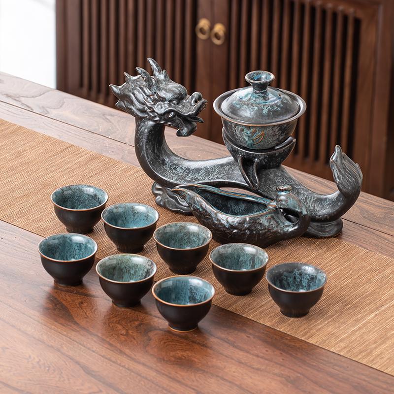 1 Set of Rotating Teapot, Ceramic Kiln Turned Ruyi Dragon-Shaped Teapot Set, Teapot with 8 Teacups, Without Tea Tray, Semi-Automatic Tea Set