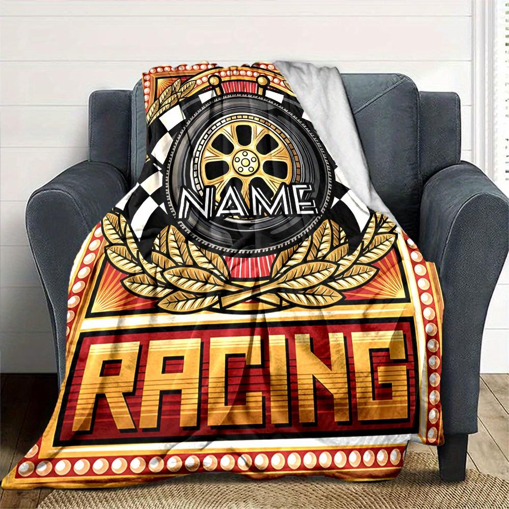 Racing Wheel Emblem Four Seasons Blanket Customized With Your Name Lightweight And Warm Perfect Gift For Home Office Camping Sofa Travel Beach Durable