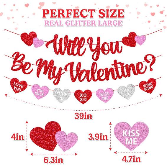 Will You Be My Valentine Banner Valentine Glitter Heart Garland Happy Valentine’s Day Party Decoration Glitter Red and Pink Be My Valentine