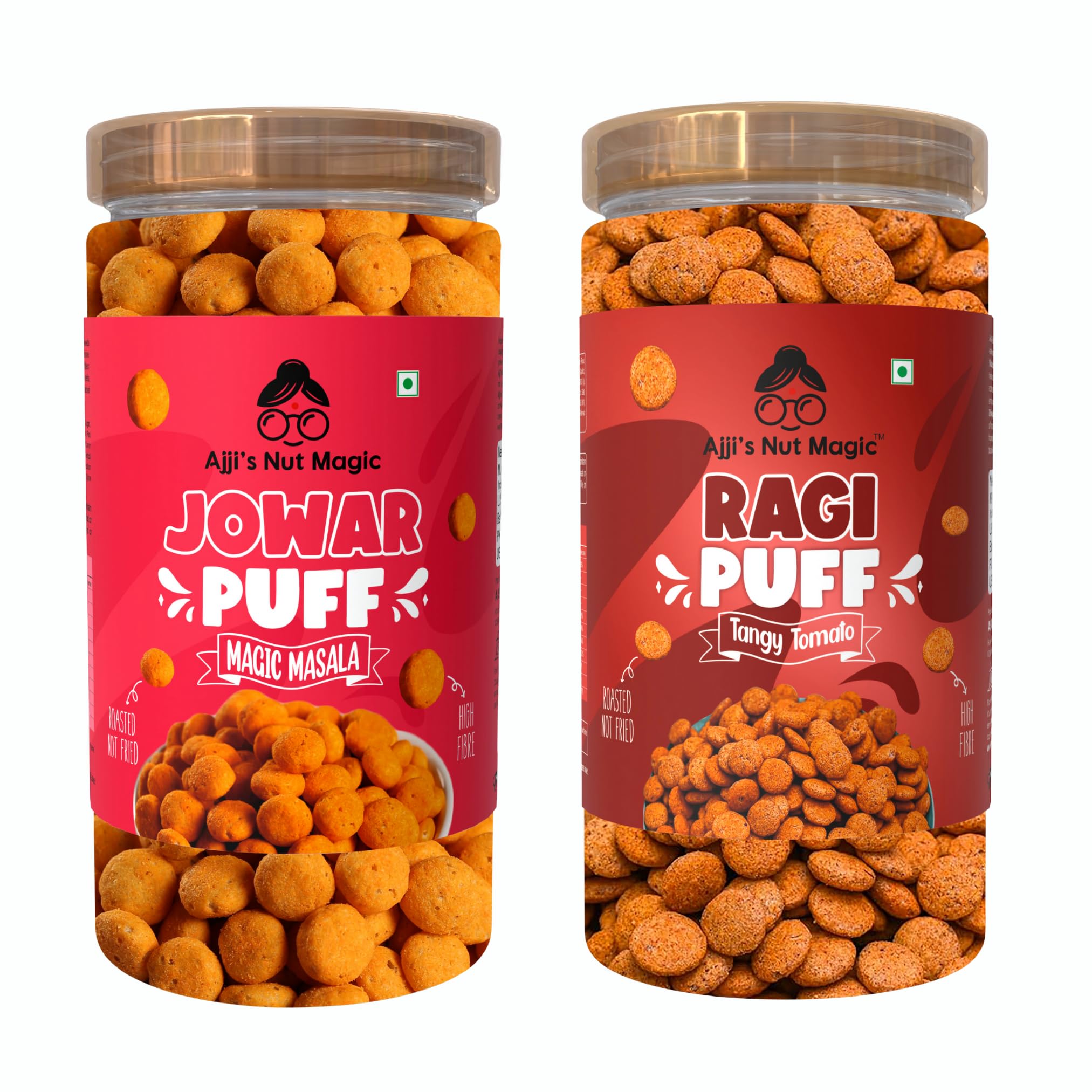 

Ajji s Nut Magic Combo of Jowar Puff Magic Masala & Ragi Puff Tangy Tomato | Healthy Millet Snacks | Healthy Slow Roasted Tasty Snacks | Puffed K