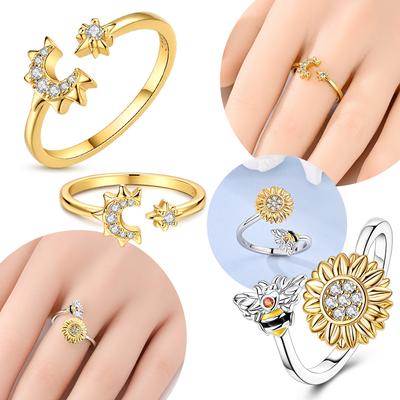 Original Copper Sunflower Bee Open Ring Star Moon Woman'S Exquisite Ring Beautiful Accessory Ring Wedding Valentine Day Gift