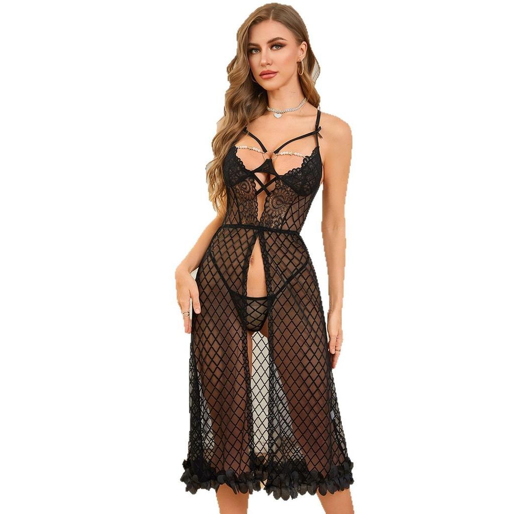 European and American new products, sexy perspective mesh lace design, split suspender, long skirt, erotic underwear set, spot.