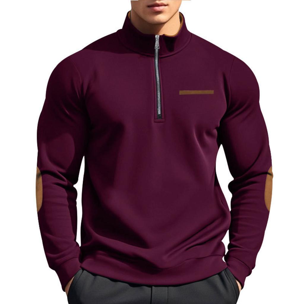 Men's Fleece-Lined Casual Half-Zip Stand Collar Patchwork Contrast Color Sweatshirt