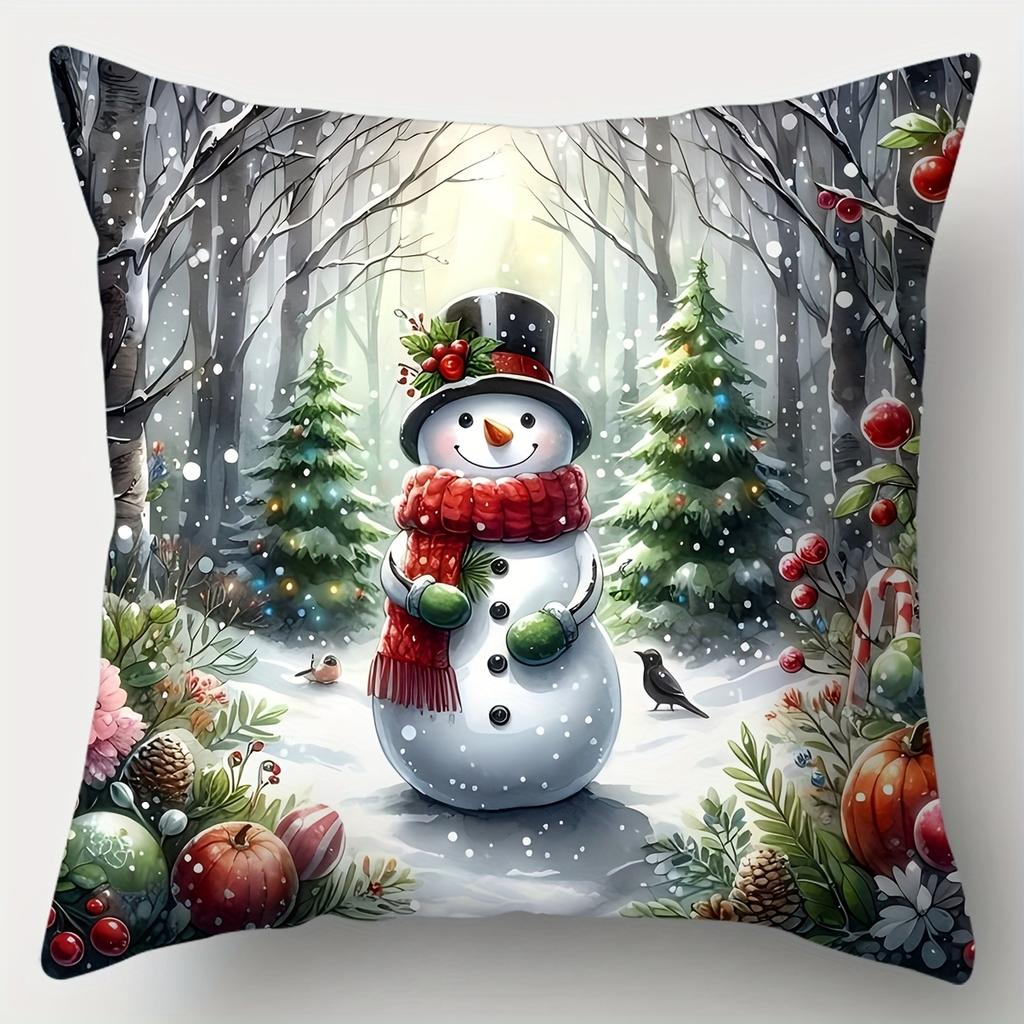 4pcs Modern Christmas Pillow Cover Set, Double-Sided Print with Snowman, Santa, Green Christmas Tree And Holiday Ornaments, Zipper Closure, Machine Wa