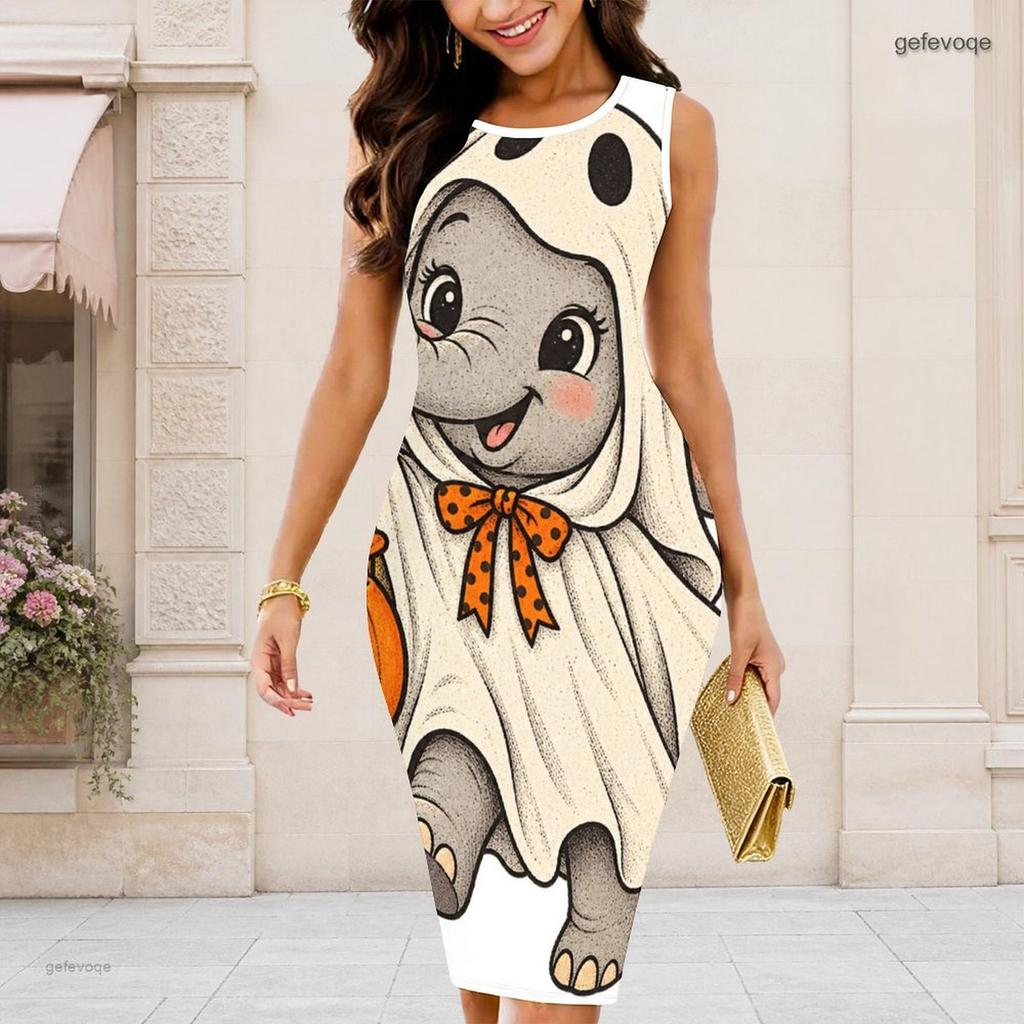 Women Plus Size Round Neck Sleeveless Halloween Sloth Printed Bodycon Midi Dress