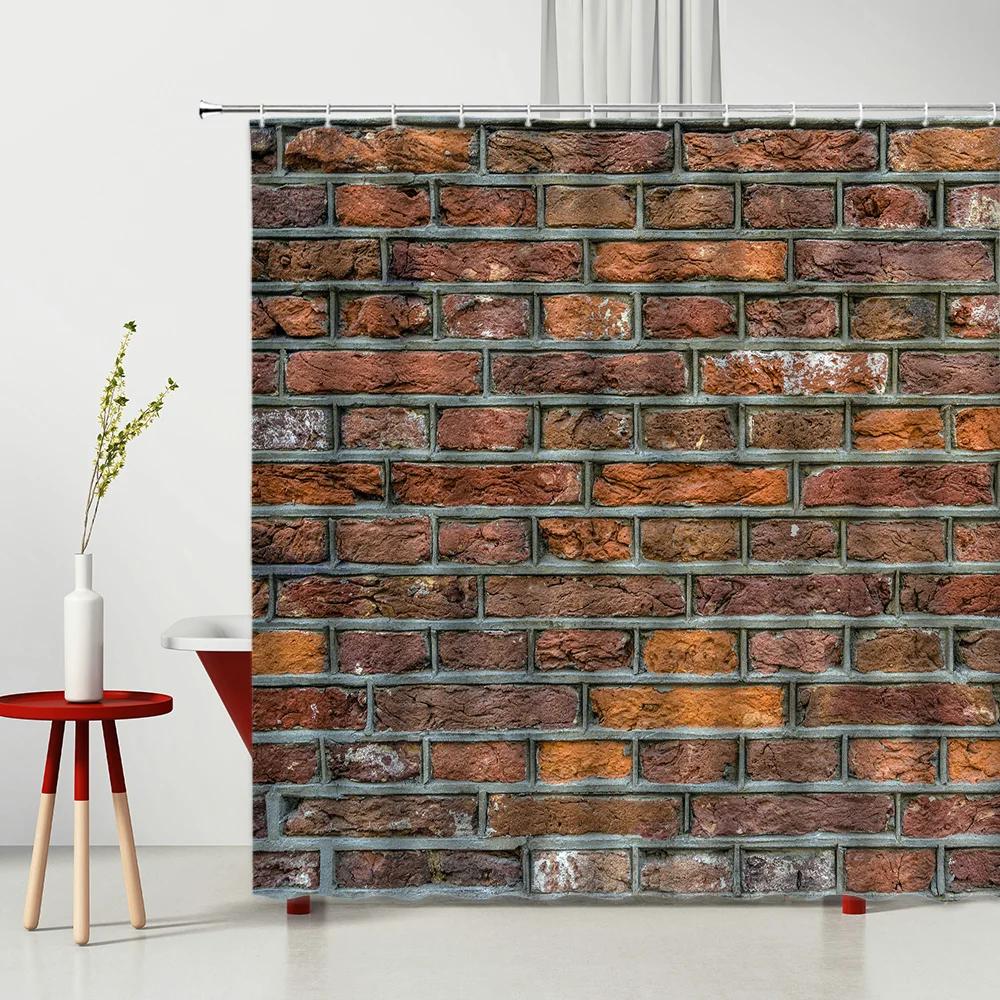 3D Printing Brick Pattern Shower Curtains Set Vintage Stone Brick Wall Polyester Fabric Hanging Curtain Bathroom Curtain Hooks