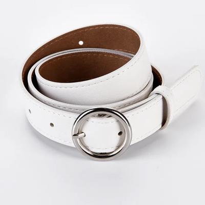 W23 Silver Round Buckle Faux Leather Belt White