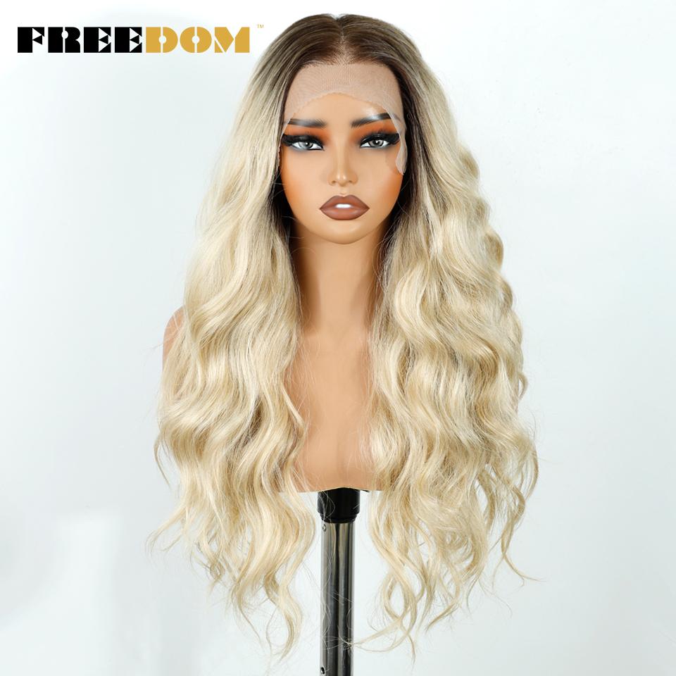 FREEDOM Synthetic Lace Frontal Wigs For Women 26 Inch Long Loose Body Wave Wig Cosplay Ombre Blonde Wig 360 Lace Frontal Wigs