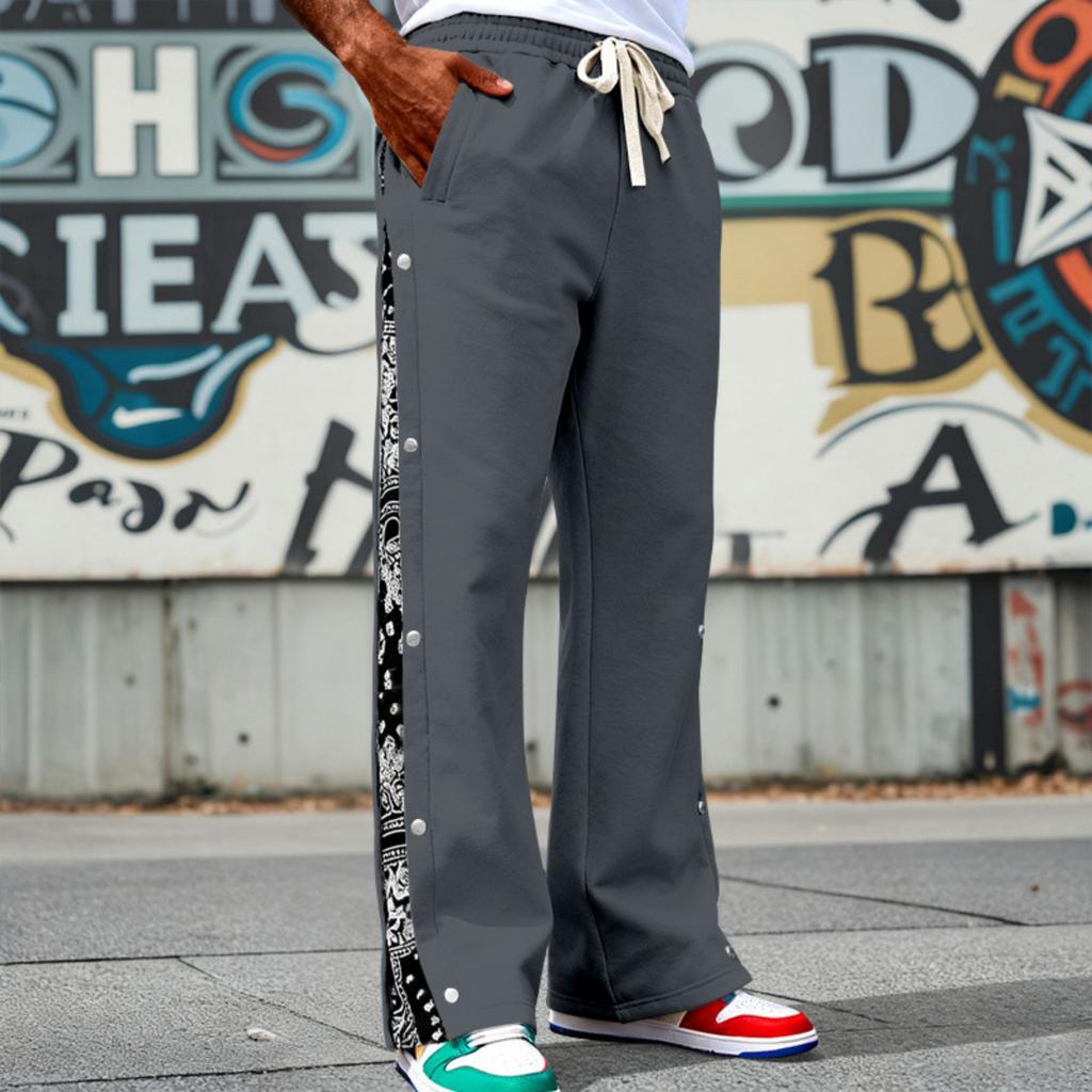 Men's High Street Trendy Pants Casual Color Wide Leg Trousers Basic Straight Outfits With Side Button