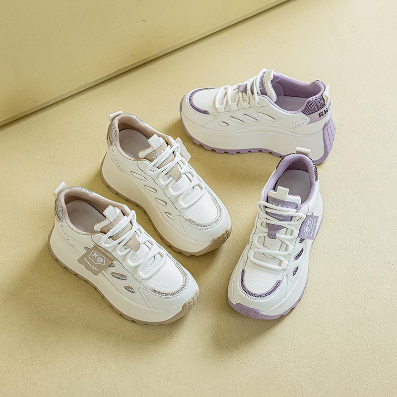 2025 Spring New 8cm Muffin Thick-soled Inner Height-increasing Rhinestone Women's Shoes Korean Version of Versatile Round Head Casual Little White