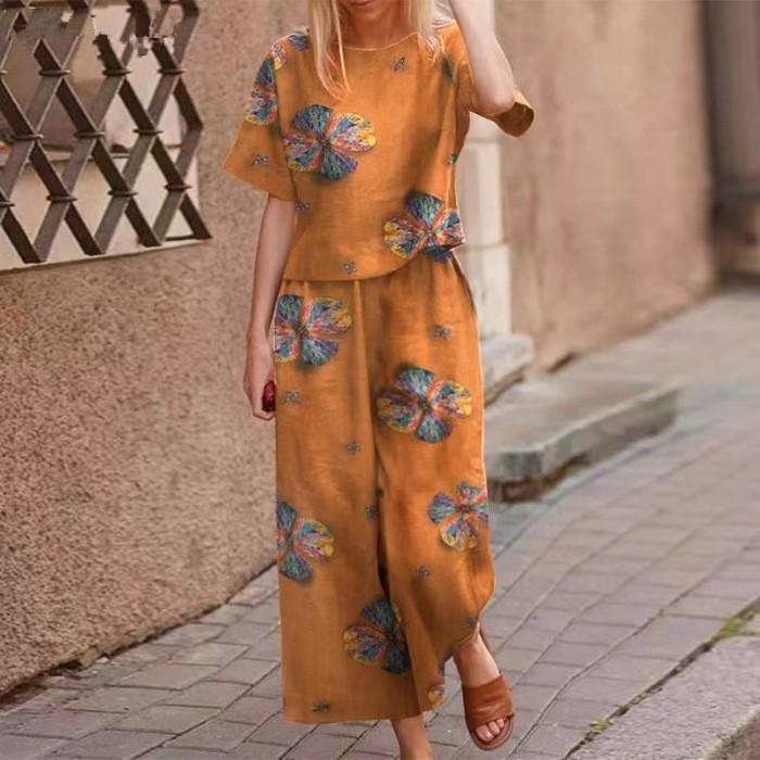 Women's Casual Long And Short Sleeve Pullover Shirt Crewneck Artistic Retro Print Casual Suit