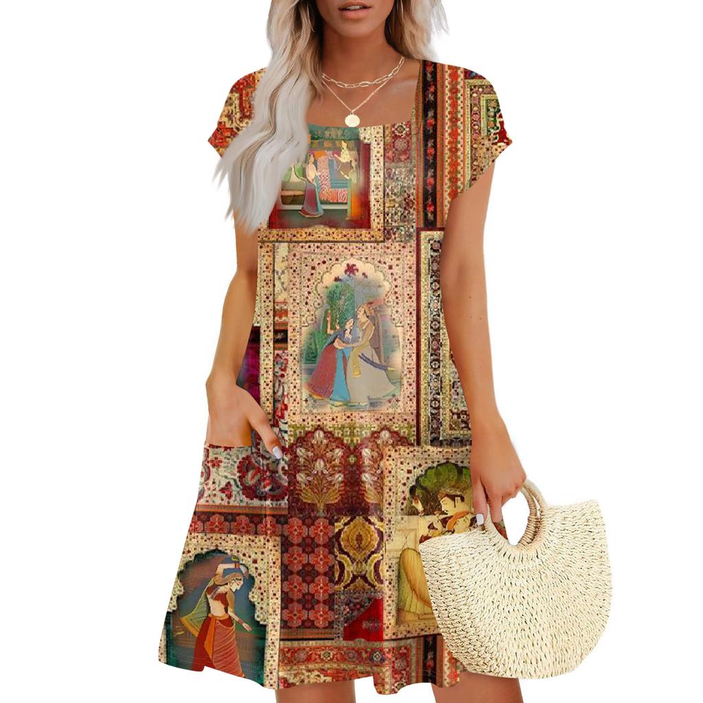 Summer Dresses For Women Loose Square Neck Cap Sleeve Casual Beach Vacation Tshirt Dress Sundresses With Pockets