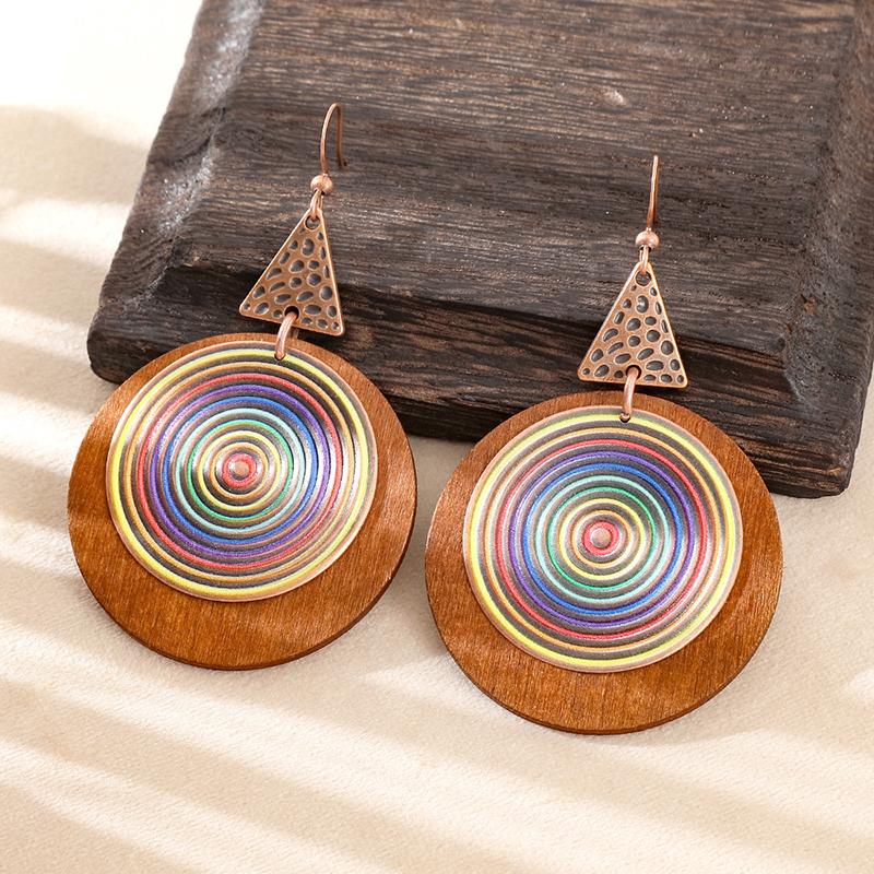 Vintage Boho Exaggerated Big Statement Round Wooden Metal Drop Earrings Woman Ethnic Creative Geometric Dangle Female Jewelry