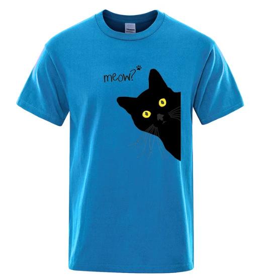 Meow Black Cat Funny Cotton Printed Unisexs and Womens Personalized Tshirt New Fashionable Loose Casual Round Neck Tshirt
