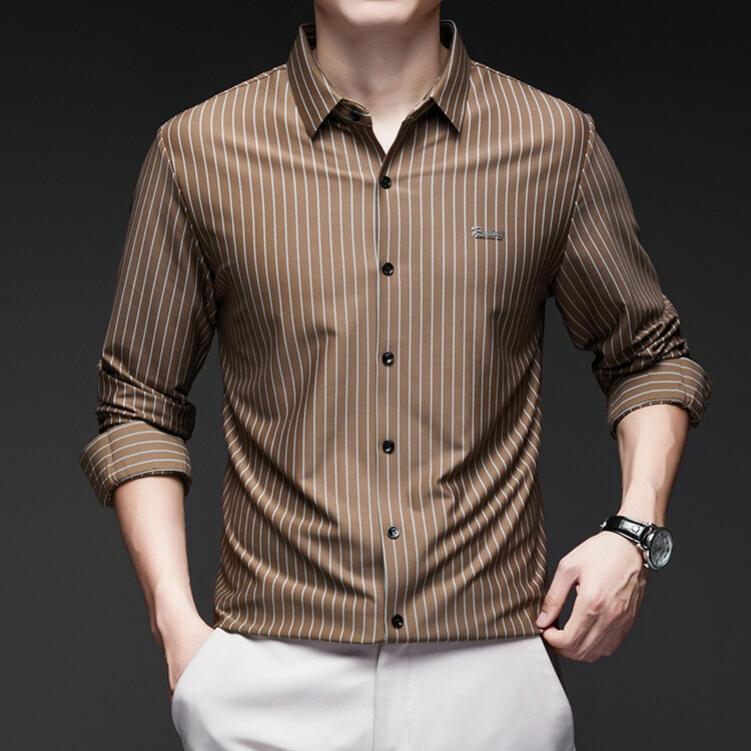 Spring and Autumn Men's Seamless Ice Silk Long-sleeved Shirt, High-end Dad Wear, Non-iron, Anti-wrinkle Casual Striped Shirt