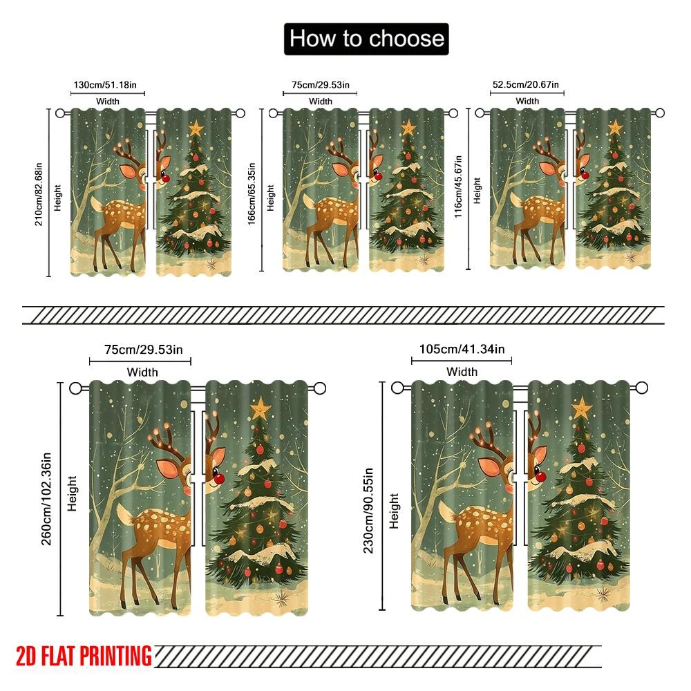 2pcs,2D Plane Printing Popular Curtain Panels Cute Reindeer Christmas Tree Snow (3) Durable Polyester (without Rod) Room Decor