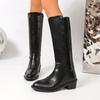 Simple Tall Boots Fashion Round Toe Spliced Leather Soft Sole Anti-Slip Wear-Resistant Block Heels