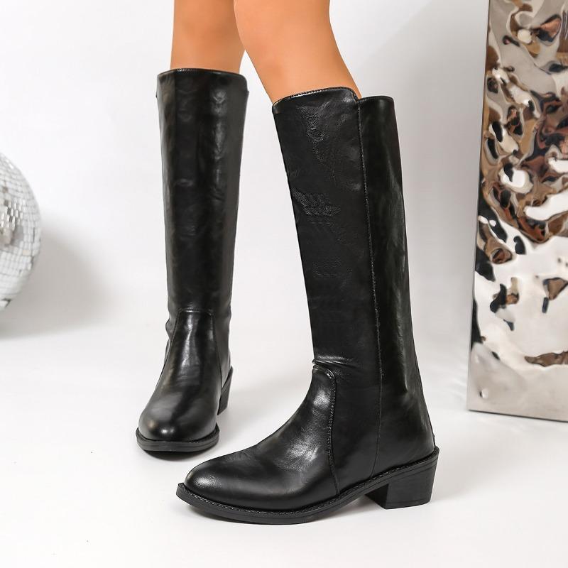 Simple Tall Boots Fashion Round Toe Spliced Leather Soft Sole Anti-Slip Wear-Resistant Block Heels